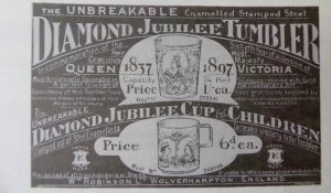 advertentie voor emaille bekers Diamanten jubileum Koningin Victoria 1897
